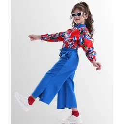 OLLINGTON ST. Cotton Knit Full Raglan Sleeves Floral Printed Sweatshirt Knit Culotte Pant Set - Red & Blue-picture-19