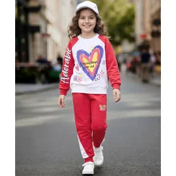 OLLINGTON ST. Cotton Knit Full Raglan Sleeves Heart Printed Sweatshirts & Knit Joggers Set - Multicolor & Red-picture-34