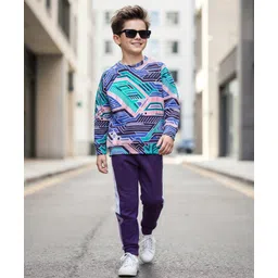 OLLINGTON ST. Cotton Knit Full Sleeves Abstract Printed Sweatshirts & Joggers Set - Black & Purple-picture-17