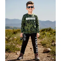 OLLINGTON ST. Cotton Knit Full Sleeves Brave Text Printed Sweatshirts & Joggers Set - Olive Green & Black-picture-29