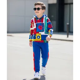 OLLINGTON ST. Cotton Knit Full Sleeves Floral Printed Hoodie Sweatshirts & Joggers Set - Multicolor & Royal Blue-picture-23