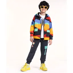 Ollington St. Cotton Knit Full Sleeves Front Open Hooded Abstract & Text Printed Sweatshirt With T-Shirt & Joggers Set - Black-picture-20