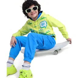 Ollington St. Cotton Knit Full Sleeves Hooded Sweatshirt & Joggers Winter Wear Set With Tropical Theme Print - Lime & Blue-picture-30