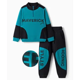 OLLINGTON ST. Cotton Knit Full Sleeves Maverick Text Printed Sweatshirts & Joggers Set - Teal Blue & Black-picture-28