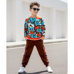 OLLINGTON ST. Cotton Knit Full Sleeves Printed Sweatshirt & Knit Joggers Set with Abstract Print - Multicolor & Dark Brown-picture-39