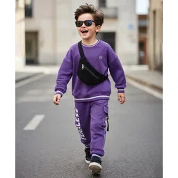 OLLINGTON ST. Cotton Knit Full Sleeves Printed Sweatshirts & Joggers Set With Sling Bag - Purple image 1