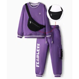 OLLINGTON ST. Cotton Knit Full Sleeves Printed Sweatshirts & Joggers Set With Sling Bag - Purple image 2