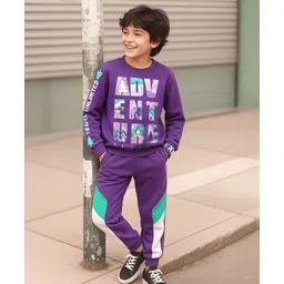 Ollington St. Cotton Knit Full Sleeves Printed Sweatshirts & Knit Joggers Set - Purple-picture-15