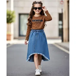 OLLINGTON ST. Cotton Knit Full Sleeves Rockstar Text Printed Top & Stretchable Skirt Denim Set -Brown & Blue-picture-25
