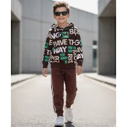 OLLINGTON ST. Cotton Knit Full Sleeves Text Printed Hoodie Sweatshirts & Joggers Set -Multicolor & Brown-picture-22