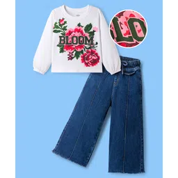 OLLINGTON ST. Cotton Knit Full Sleeves Top with Print & Stretchable Denim Pants Set - White & Blue-picture-20