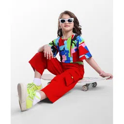 OLLINGTON ST. Cotton Knit Half Sleeves Abstract Print Top & Knit Trackpants with Belt- Blue & Red-image-24