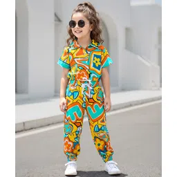 OLLINGTON ST. Cotton Knit Half Sleeves Floral Printed Co-Ord Top & Joggers - Orange & Yellow-picture-18