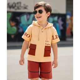 OLLINGTON ST. Cotton Knit Half Sleeves Hoodie T-Shirt & Knit Shorts With Lets Explore Text Print - Brown & Peach-image-45