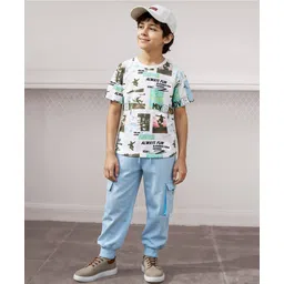 OLLINGTON ST. Cotton Knit Half Sleeves Printed T-Shirt & Knit Joggers Set - White & Light Blue-image-12