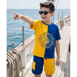 OLLINGTON ST. Cotton Knit Half Sleeves Printed T-Shirt & Knit Shorts Set - Navy Blue-image-48