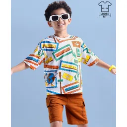 Ollington St. Cotton Knit Half Sleeves Printed T-Shirt & Knit Shorts Set - White & Brown-image-11