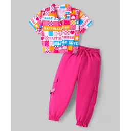 OLLINGTON ST. Cotton Knit Half Sleeves Printed Top & Joggers - Multicolor & Pink-image-15