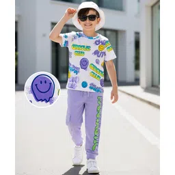 OLLINGTON ST. Cotton Knit Half Sleeves Smiley & Text Printed T-Shirt & Joggers Set - White & Purple-image-17
