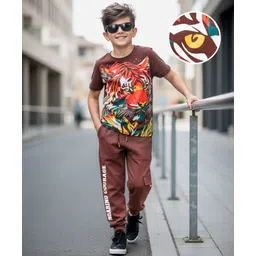 OLLINGTON ST. Cotton Knit Half Sleeves Tiger Printed T-Shirt & Joggers Set - Brown-image-45