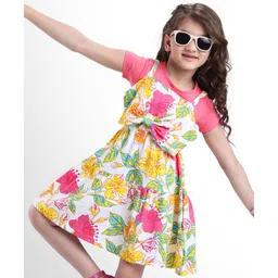 OLLINGTON ST. Cotton Knit Half Sleeves Top & Floral Print Pinafore - Pink & White-picture-26