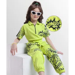 OLLINGTON ST. Cotton Knit Half Sleeves Top & Joggers Co-Ord Set with Print - Lime Green-picture-34