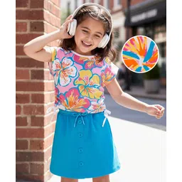 OLLINGTON ST. Cotton Knit Half Sleeves Top & Knit Skirt Set with Floral Print - Pink & Light Blue-picture-32