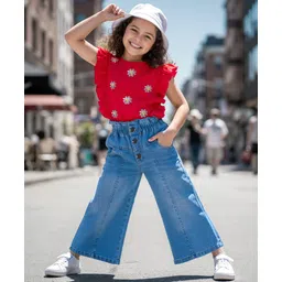 OLLINGTON ST. Cotton Knit Half Sleeves Top & Stretchable Denim Pant Set With Floral Sequin Detailing - Red & Blue-image-48