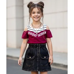OLLINGTON ST. Cotton Knit Half Sleeves Top & Stretchable Denim Skirt with Unique Fashion Text Print - Burgandy & Black-picture-36