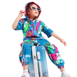 Ollington St. Cotton Knit Half Sleeves  Zipper Hoodie & Cargo Joggers Winter Wear Co-Ord Set With Text Print - Multicolor-picture-15