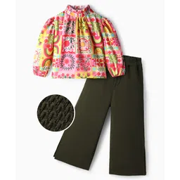 OLLINGTON ST. Cotton Poly Woven Slub Floral Printed Full Sleeves Top & Waffle Pant - Multicolor & Dark Olive Green-image-19
