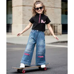 OLLINGTON ST. Cotton Rib Half Sleeves Top With Zipper & Denim Pants - Black & Blue-picture-25