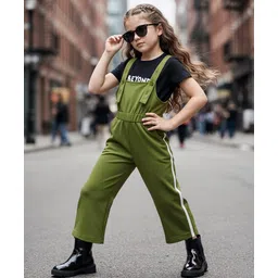 OLLINGTON ST. Cotton Sinker Knit Dungaree & Half Sleeves Inner Top with Text Print - Black & Olive Green-picture-29