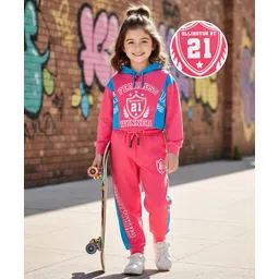 OLLINGTON ST. Cotton Sinker Knit Full Sleeves Hoodie Top & Knit Joggers with Text Print - Pink & Light Blue-picture-32