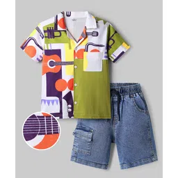 OLLINGTON ST. Cotton Sinker Knit Half Sleeves Shirt & Denim Shorts with Musical Print - Multicolor Olive Green & Indigo-picture-19