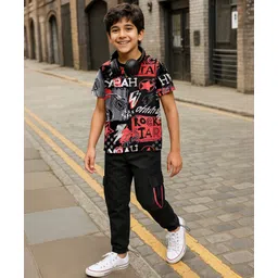 OLLINGTON ST. Cotton Sinker Knit Half Sleeves T-Shirt & Taffeta Woven Joggers with Rock Print - Multicolor & Black-picture-11