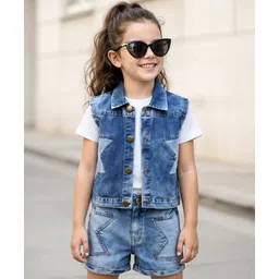 OLLINGTON ST. Cotton Sinker Knit Half Sleeves Top with Denim Jacket & Skirt - White & Indigo-picture-25