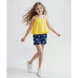 Ollington St. Georgette Sleeveless Top & Stretchable Denim Shorts With Floral Embroidery - Yellow & Indigo-picture-33