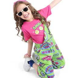 ollington st. Ollington St.100% Cotton Knit Half Sleeves T-Shirt & Dungaree with Text Heart  & Smiley Print - Pink & Green-picture-19