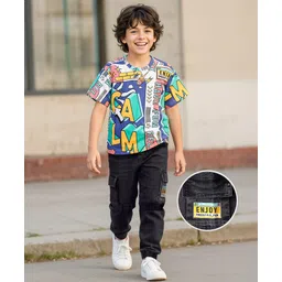 OLLINGTON ST. Sinker Cotton Knit Half Sleeves Oversized T-Shirt & Stretchable Denim Joggers with Text Print - Multicolor & Indigo-picture-17