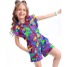 Ollington St.Cotton Knit Floral Printed Half Sleeves Front Open Jumpsuit - Multicolor-image-5