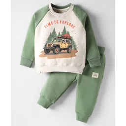 Ollypop Fleece Knit Full Length Raglan Sleeves Winter Wear Suit Set with Explorer Car Print - Ecru Melange & Light Olive-picture-11