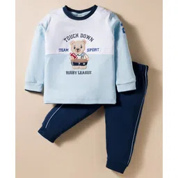 Ollypop Interlock Knit Full Sleeves T-Shirt and Joggers Set with Animal Patch Embroidery - Navy Blue & Light Blue-picture-25