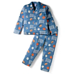 Ollypop Sinker Knit Full Sleeves Co-ords Night Suit With Football Print - Blue-picture-10