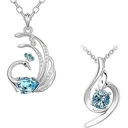 Blue Crystal Feathery Peacock And Curvy Silver Pendant Necklace Combo For Women-image-27