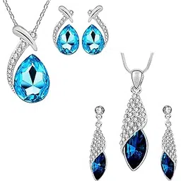Combo of Blue Crystal Dew Drop and Designer Pendant Necklace Set for Girls and Women-image-24