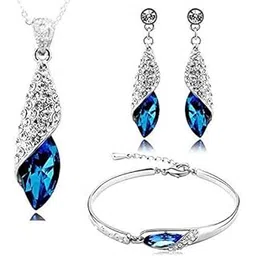Combo of Crystal Blue Exquisite Rhodium Plated Pendant Necklace Set and Bracelet for Women-image-12