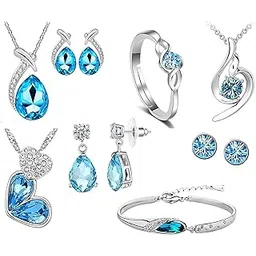 Gold And Rhodium Plated Crystal Jewellery Pendant Set - Drop/Dangler And Stud Earring Adjustable Finger Ring And Bracelet And Pendant For Women CO1000289-image-26