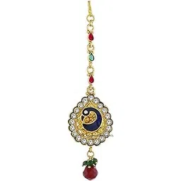 om jewells Bridal Jewellery Gold Plated Pear Shaped Designer Peacock Maang Tikka Made With Crystal Stones For Girls And Women MT1000603-picture-10
