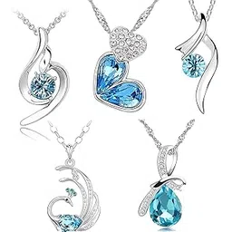 Valentine Gift Rhodium Plated Crystal Jewellery Combo Of 5 Designer Pendant Necklace Studded With Blue Crystal Elements For Girls And Women CO1000342-image-29